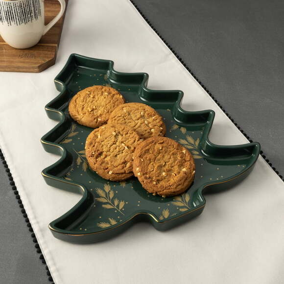 Thyme & Table Holiday Christmas Tree Ceramic Food Serve Tray Platter Green Gold - Picture 3 of 7